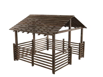 Wooden Garden Pavilion with Sloped Roof and Open Wooden Railings for Outdoor Landscaping 3d model