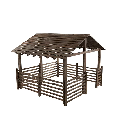 Wooden Garden Pavilion with Sloped Roof and Open Wooden Railings for Outdoor Landscaping 3d model