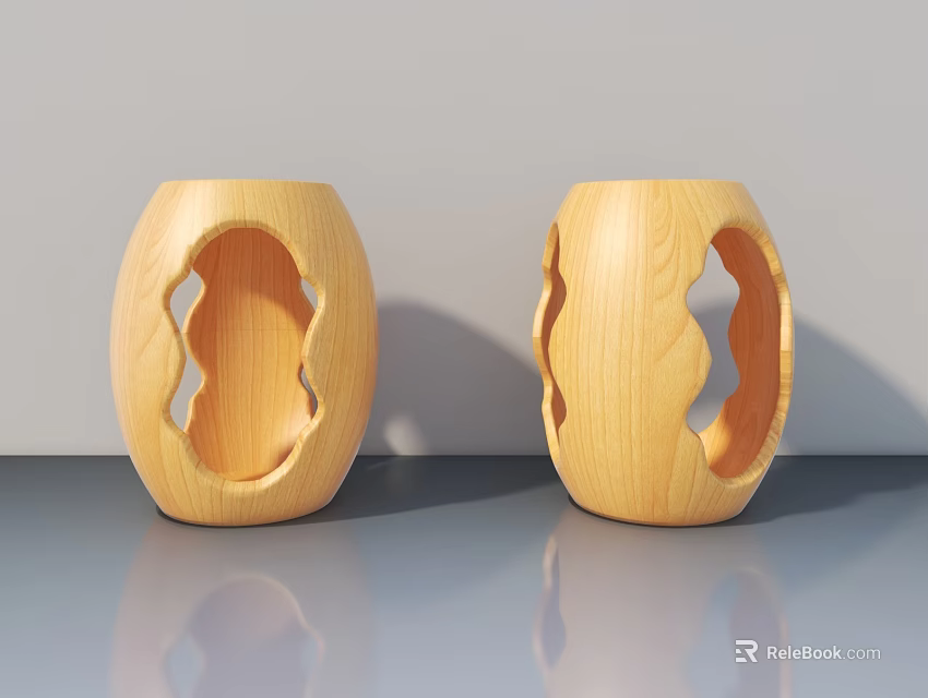 Wooden Swing Doors With Oval Hollowed Out Design On Gray Countertop 3d model 