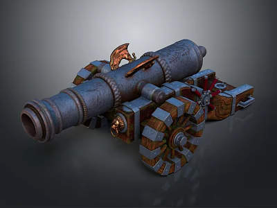 Vintage Decorative Cannon With Dragon Ornament And Striped Wheels Structure 3d model