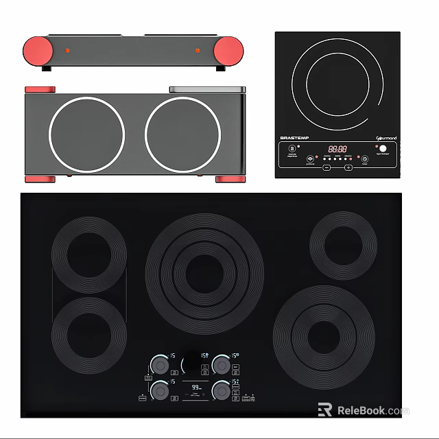 Modern Kitchen Appliances Induction Cooktops With Black Glass Top Red Base And Digital Controls 3d model 