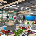 Modern Digital Store Interior With Display Counters Sofas Hanging Lights And Plants 3d model