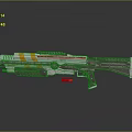 Futuristic Sci Fi Gun with Orange White Stripes Metallic Design and Reflection on Dark Background