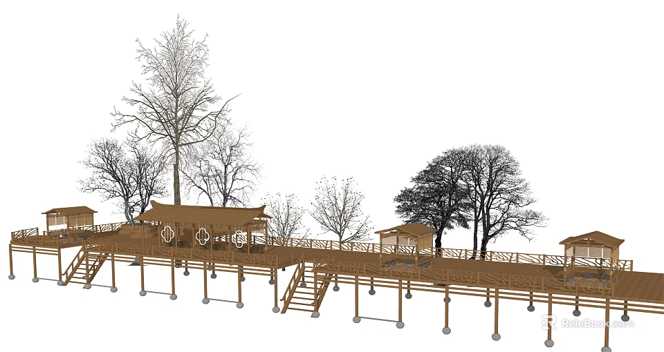 Wooden Elevated Walkway Structure With Scenic Platforms Steps And Trees 3d model 