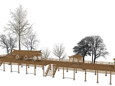 Wooden Elevated Walkway Structure With Scenic Platforms Steps And Trees 3d model