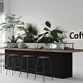 Modern Wooden Coffee Bar Counter With Lush Green Indoor Plants And Comfortable Bar Stools