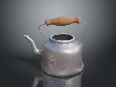 Vintage Aluminum Kettle With Wooden Handle And Classic Spout For Kitchen Use 3d model