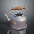 Vintage Aluminum Kettle With Wooden Handle And Classic Spout For Kitchen Use
