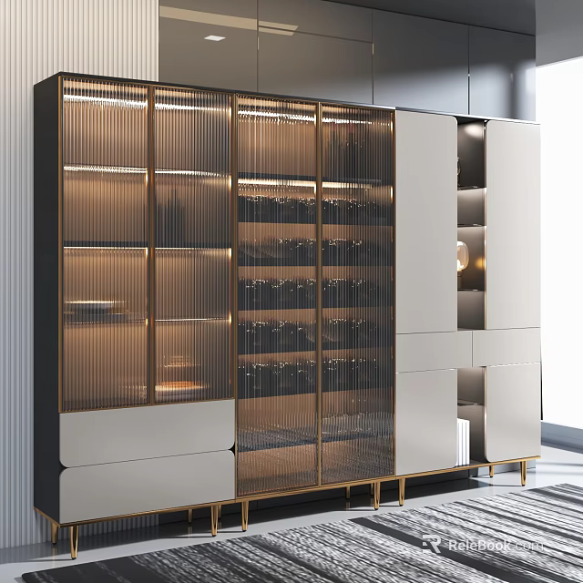 Modern Luxury Wine Cabinet With Ribbed Glass Doors Golden Metal Frame And LED Lighting 3d model 