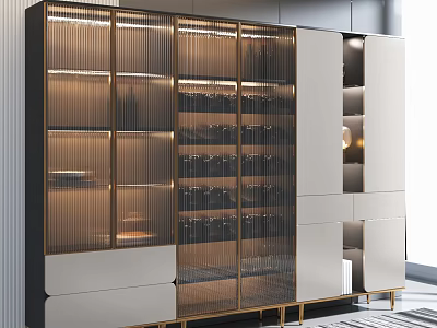 Modern Luxury Wine Cabinet With Ribbed Glass Doors Golden Metal Frame And LED Lighting 3d model