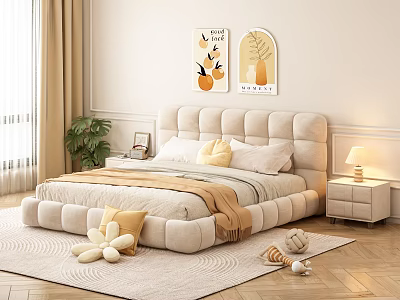 Cozy Double Bed with Upholstered Headboard Pillows Blanket Bedside Table Lamp and Wall Art 3d model