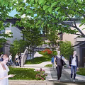 Scenic Garden Landscape With Lush Green Trees Winding Path People Flowers And Traditional Buildings