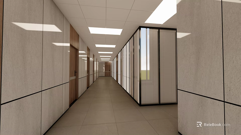 Long Office Corridor Interior With Ceiling Lights And Glass Partition Walls 3d model 