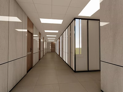 Long Office Corridor Interior With Ceiling Lights And Glass Partition Walls 3d model