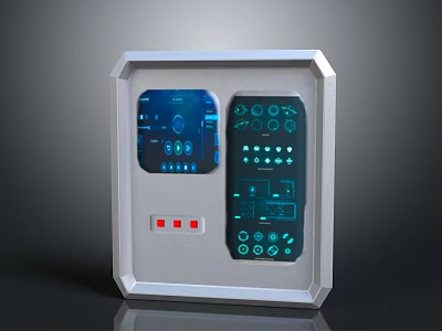 Modern Industrial Control Panel With Silver Frame Blue Digital Screen Buttons And Indicators 3d model