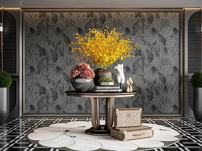 Hotel Foyer With Decorative Table Yellow Flowers Leaf Patterned Wallpaper And Black White Floor Tiles 3d model