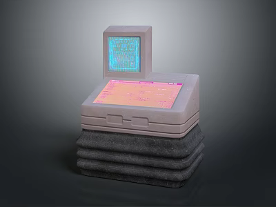Vintage Electronic Cash Register With Digital Display Screen And Keypad On Stacked Gray Mats 3d model