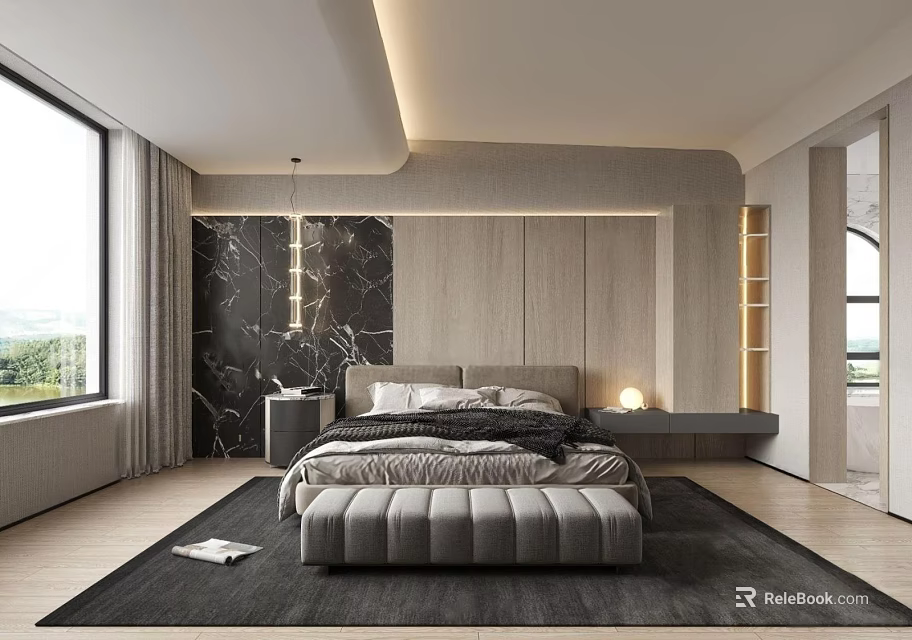 Modern Bedroom Interior Design With Large Bed Marble Headboard Wall Soft Lighting And Rug 3d model 