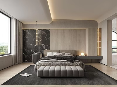 Modern Bedroom Interior Design With Large Bed Marble Headboard Wall Soft Lighting And Rug 3d model