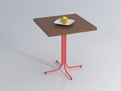 Modern Square Coffee Table Featuring Brown Tabletop Red Legs White Plate and Yellow Fruit 3d model