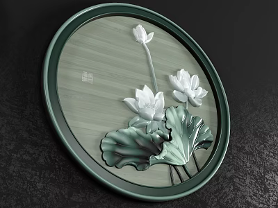 Round Framed Painting with White Lotus Flowers Green Leaves in Green Frame 3d model