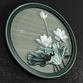 Round Framed Painting with White Lotus Flowers Green Leaves in Green Frame