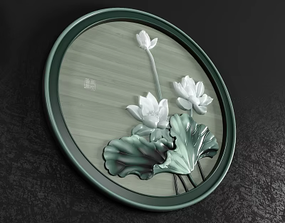 Round Framed Painting with White Lotus Flowers Green Leaves in Green Frame 3d model