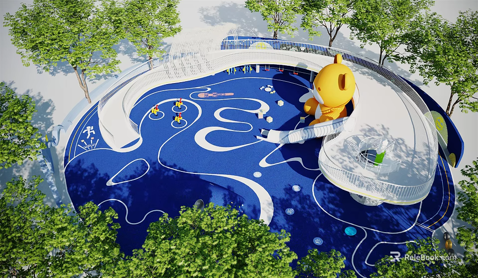 Kids Play Area With Surrounding Trees Blue Wavy Floor Yellow Cartoon Structure And Slide 3d model 