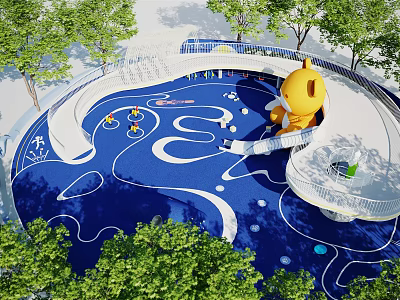 Kids Play Area With Surrounding Trees Blue Wavy Floor Yellow Cartoon Structure And Slide 3d model