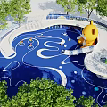 Kids Play Area With Surrounding Trees Blue Wavy Floor Yellow Cartoon Structure And Slide