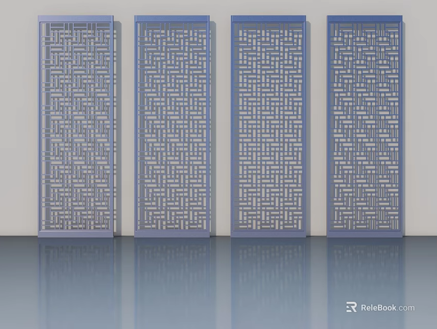 Modern Blue Swing Doors Featuring Intricate Hollow Geometric Patterns for Home Interior 3d model 