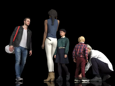 Diverse Group of People Standing and Crouching with Backpack in Casual Clothing on Black Background 3d model