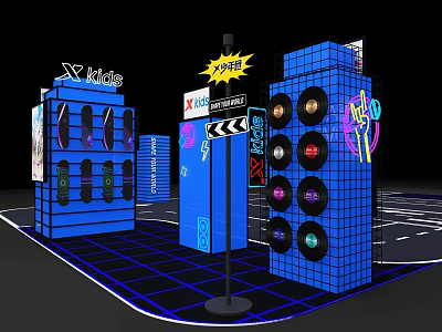 X World XR Experience Space With Blue Grid Structures Neon Lights And Circular Installations 3d model