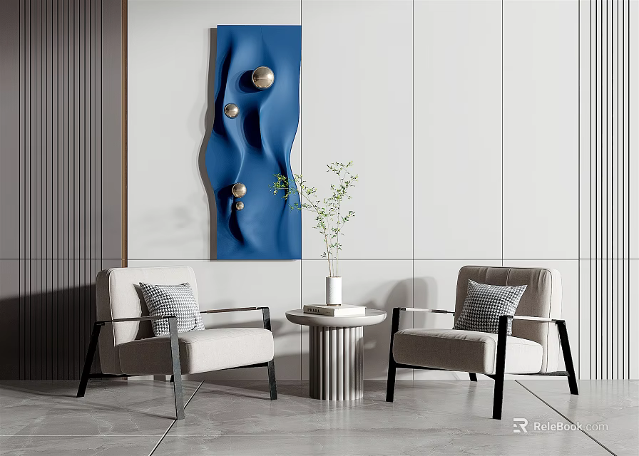 Leisure Sofa Set with two armchairs white wall blue abstract art and side table plants 3d model 