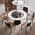 Modern Round Dining Table with Six Brown Chairs Marble Top Black Base and Pendant Light