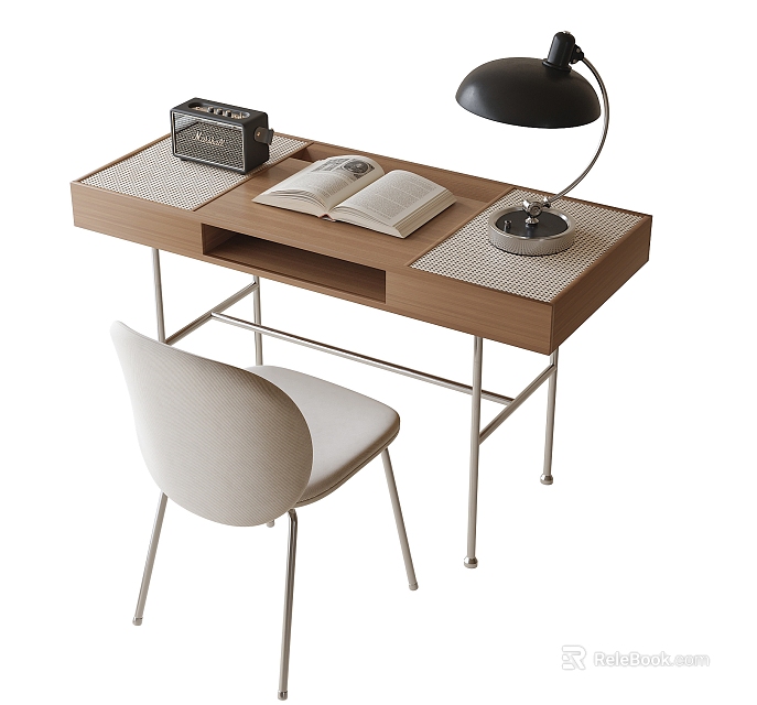 Minimalist Desk and Chair Set with Wooden Top Metal Legs Table Lamp and Open Book 3d model 