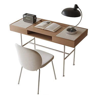 Minimalist Desk and Chair Set with Wooden Top Metal Legs Table Lamp and Open Book 3d model