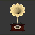 Vintage Gramophone With Red Base Golden Flower Shaped Horn And Black Record
