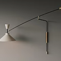 Wall Lamp With Black Long Arm White Lampshade And Gold Connectors Mounted On Gray Wall