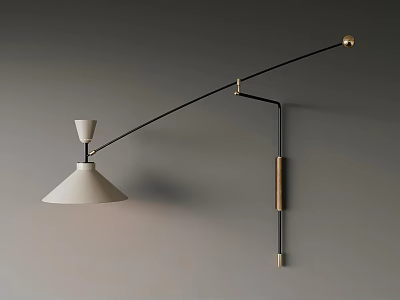 Wall Lamp With Black Long Arm White Lampshade And Gold Connectors Mounted On Gray Wall 3d model