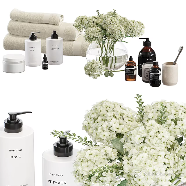 Bathroom Essentials With Floral Decor And Towels 3d model