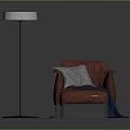 Brown Leather Sofa Stool With Armchair Pillow Blanket And Floor Lamp In Dark Background