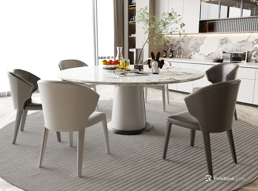 Modern Round Dining Table Set With Marble Top And Gray Chairs On Area Rug 3d model 