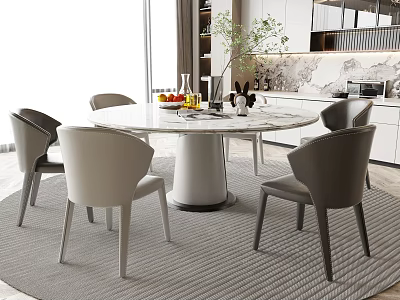 Modern Round Dining Table Set With Marble Top And Gray Chairs On Area Rug 3d model