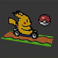 Pixel Art Yellow Character Riding Cart On Colorful Pixel Ground With Floating Pokeball