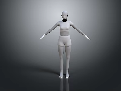 Male Mannequin Standing With Arms Outstretched In White Bodysuit Against Gray Background With Reflective Floor 3d model