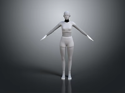 Male Mannequin Standing With Arms Outstretched In White Bodysuit Against Gray Background With Reflective Floor 3d model