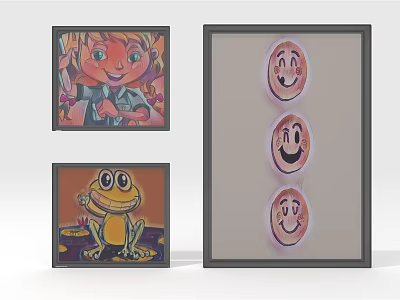 Framed Colorful Cartoon Artworks With Smiley Faces Frog And Character Illustrations 3d model