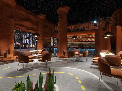 Grotto Bar With Starry Ceiling Red Rock Walls Round Tables Chairs Green Plants Neon Signs 3d model