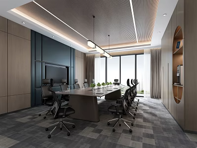 Modern Conference Room Interior With Long Table Black Office Chairs Hanging Lights And Large Windows 3d model